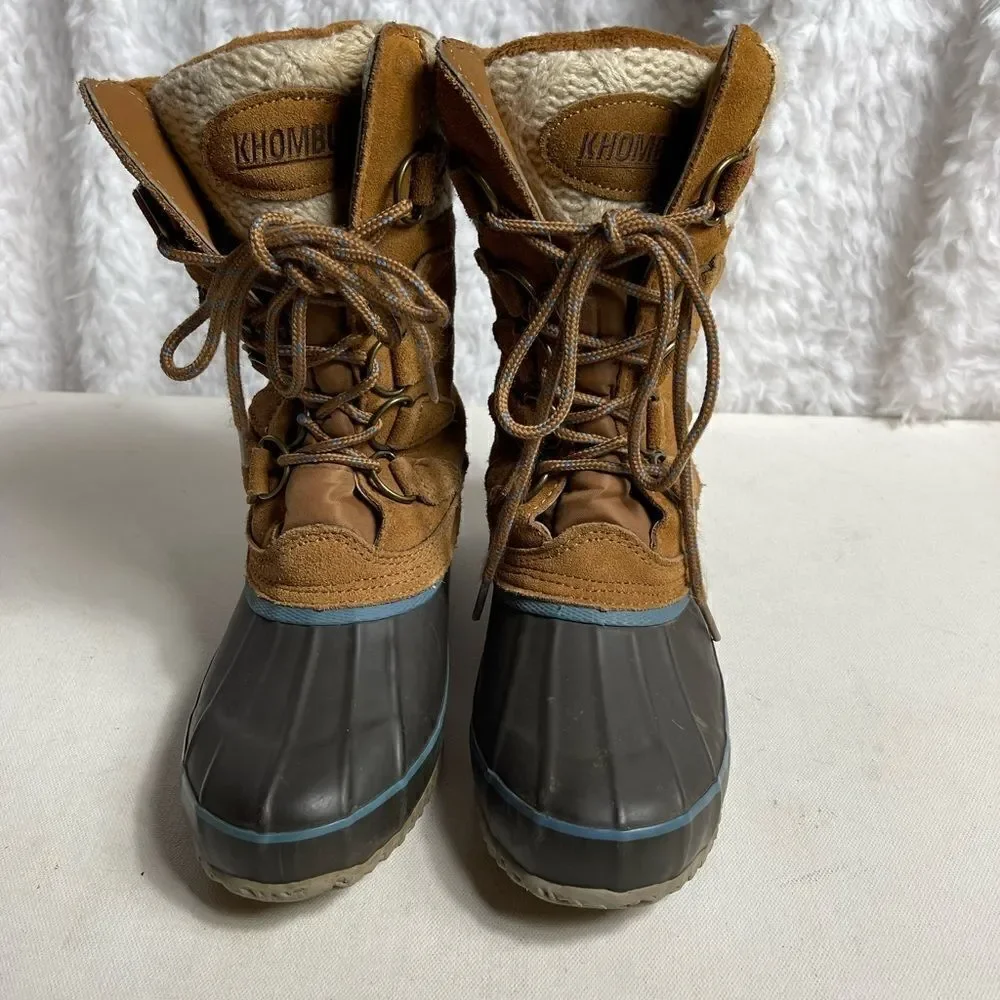 KHOMBU  Cozy brown leather suede,navy blue rubber & beige knit lace up boots SZ7
